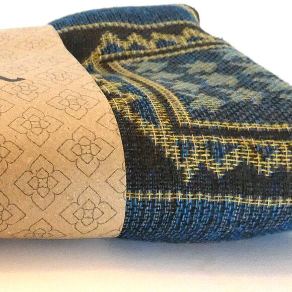 Silk Cashmere Scarf Long Blue Brown Thailand Gold Emboss Elephant Lucky Romantic - Picture 7 of 8